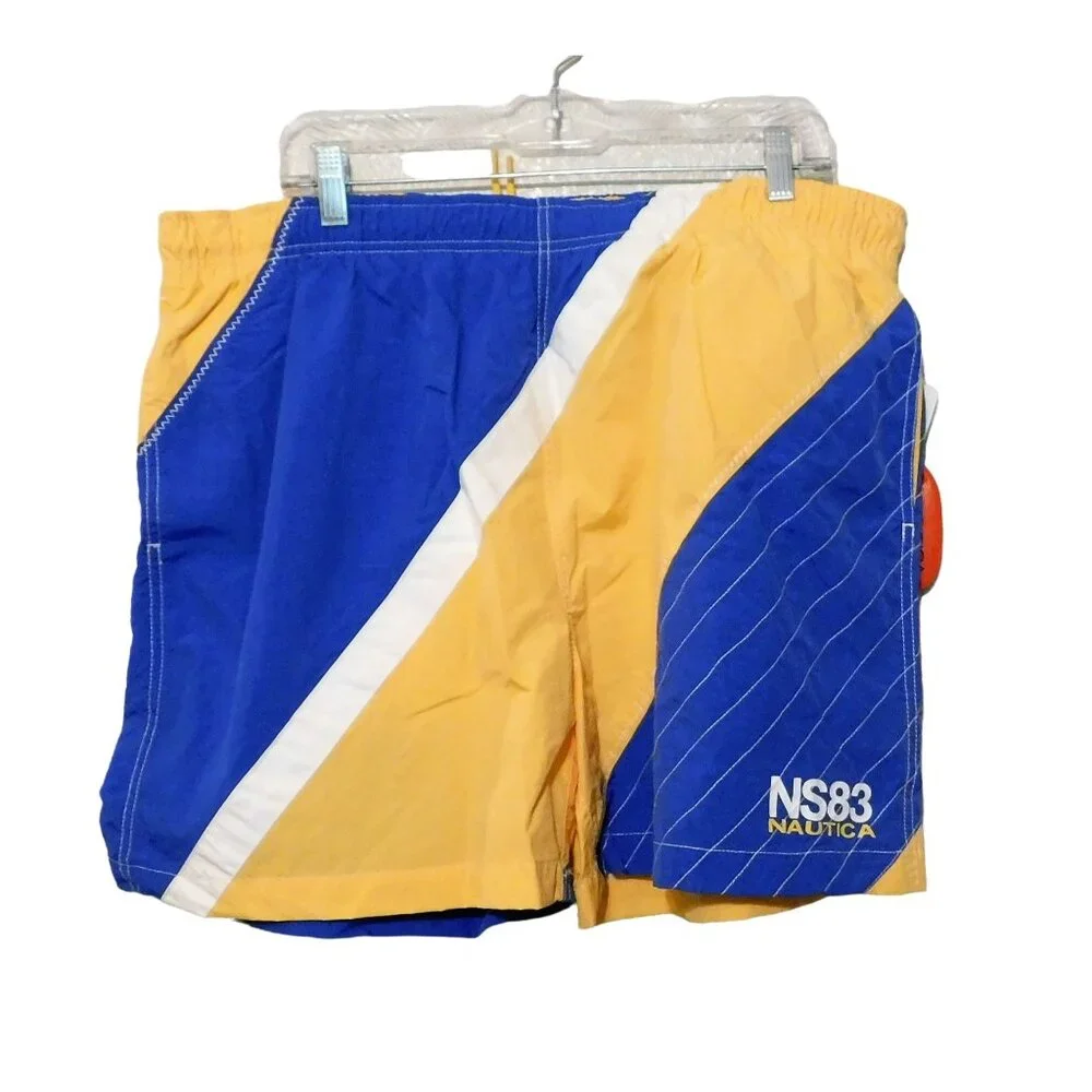 Nautica NS83 Swim Shorts XL Blue Yellow Mesh Lining Elastic Waist Drawstring NEW